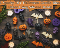 Halloween-themed candles shaped like skeleton hands, spiders, and pumpkins made with silicone molds
