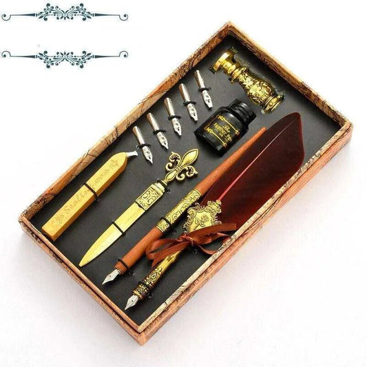 Chinese Calligraphy Set with 8 Pieces - Quill Pen, Straight Pen, Letter Opener, Stamp, Wax Strip, Ink Bottle, Nibs - Teacher Gift For Mom - DiyCraftsProject