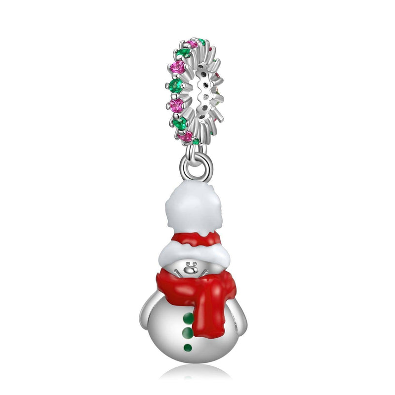 a snowman charm with a red scarf on it