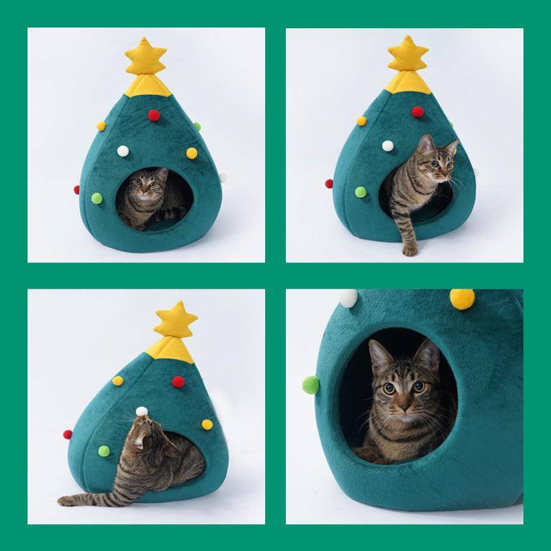 four pictures of a cat peeking out of a cat bed