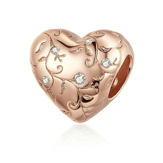 Heart - Shaped Retro Pattern Silver Beads - 925 Silver, Rose Gold Plated, Sparkling Zircon Accents - 1.1cm x 1.1cm - DiyCraftsProject