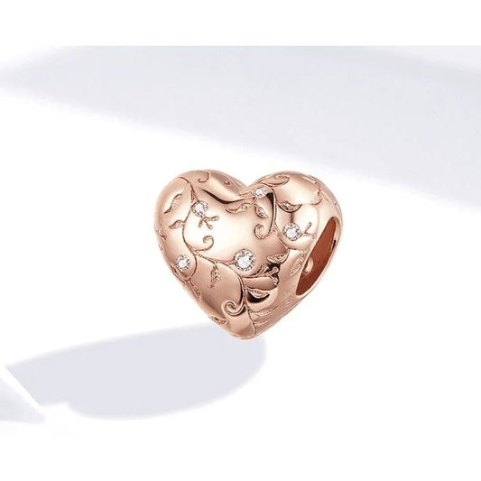 Heart - Shaped Retro Pattern Silver Beads - 925 Silver, Rose Gold Plated, Sparkling Zircon Accents - 1.1cm x 1.1cm - DiyCraftsProject