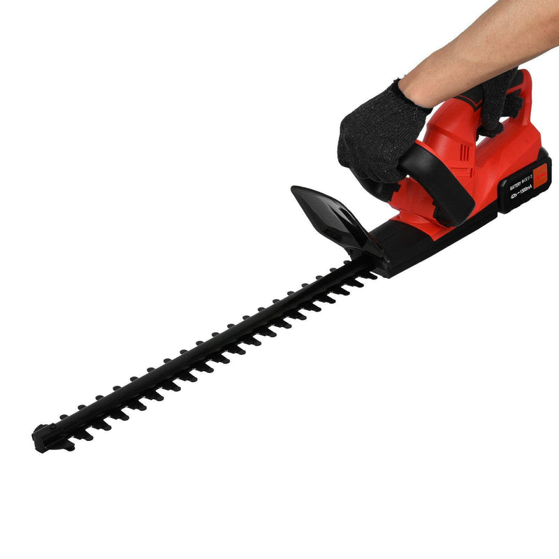 a red and black cordless hedge trimmer