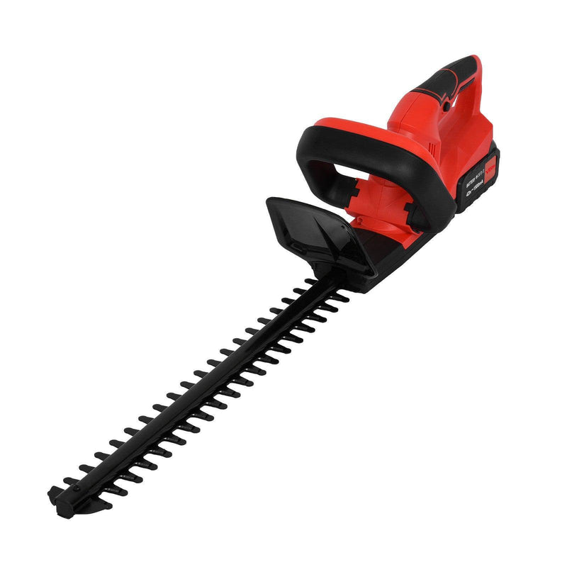 a red and black electric hedger on a white background