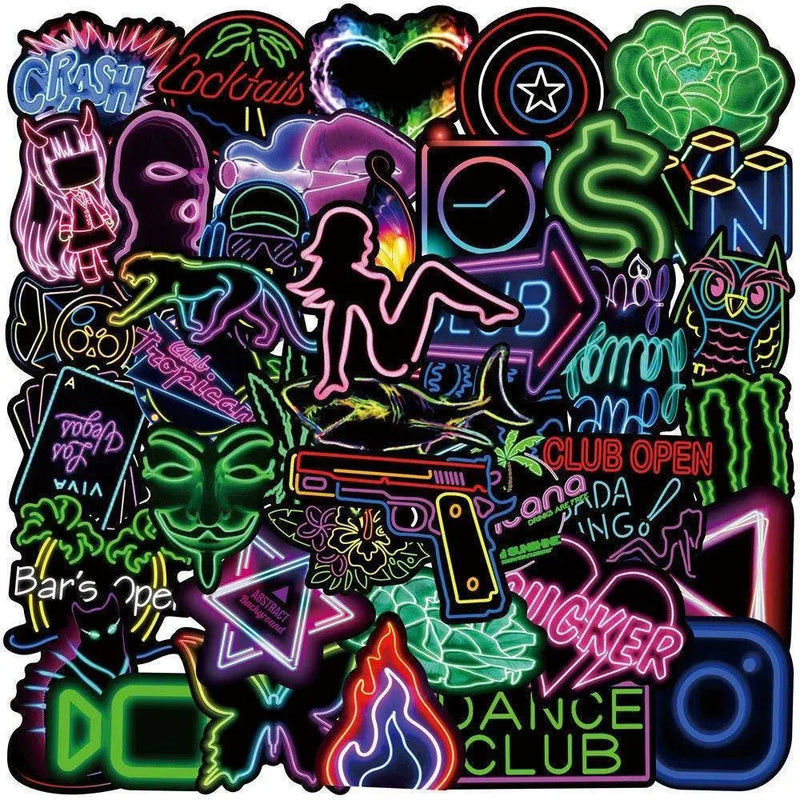 50 Neon Graffiti Stickers Pack Laptop Mobile Phone Suitcase Journal Decoration Guitar Decals DIY Stationary Scrapbooking Accessories