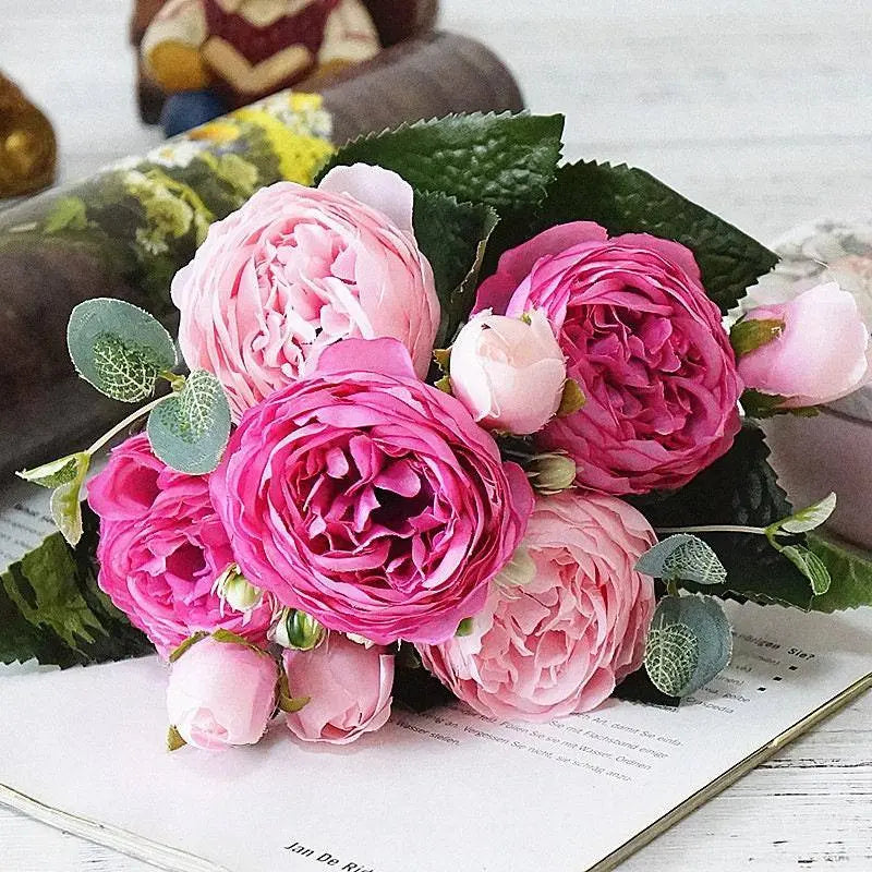 Artificial flowers fabric peony bouquet of fake flower 5 heads and 4 buds