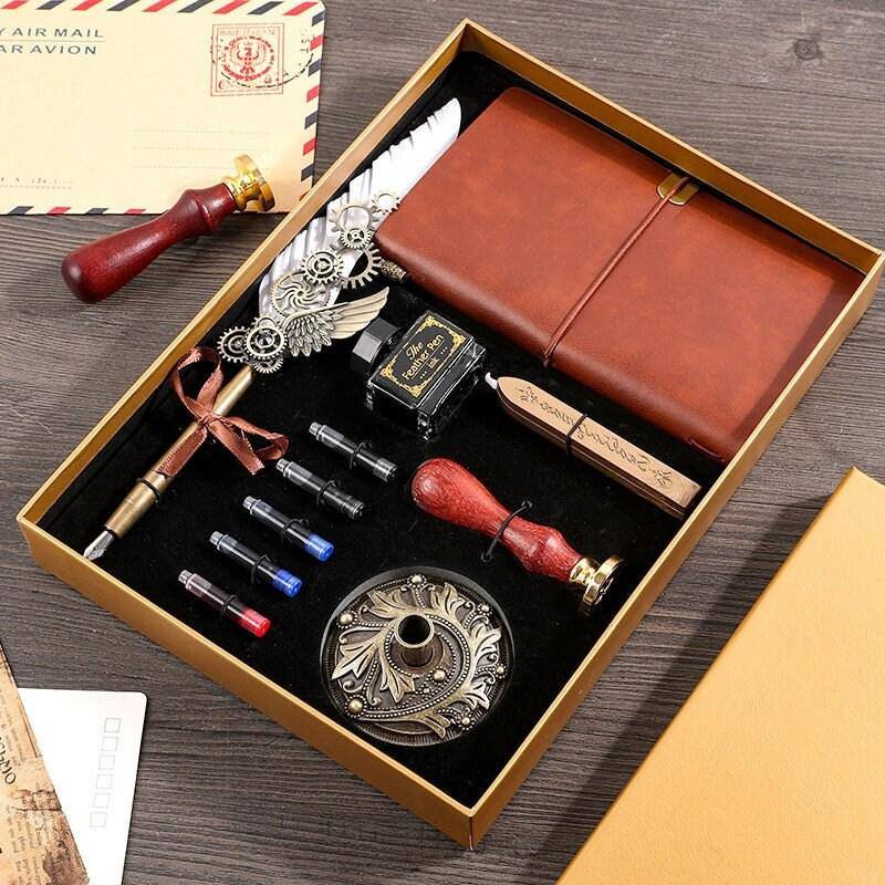 Calligraphy Feather Pen Set With Leather Journal And Wax Seals