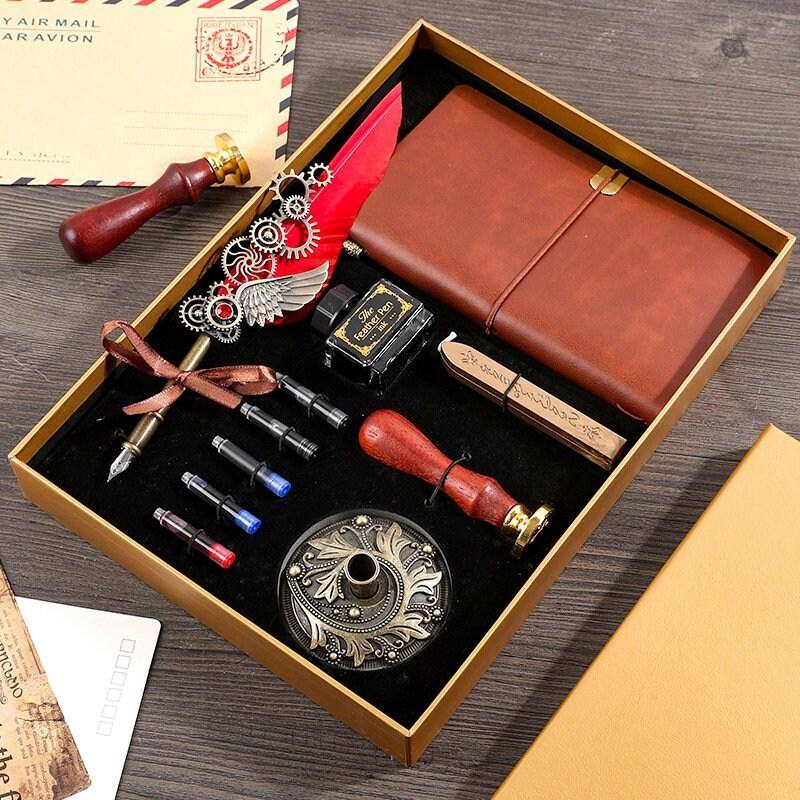 Calligraphy Feather Pen Set With Leather Journal And Wax Seals