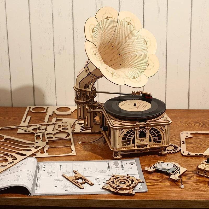 DIY Gramophone Wooden Puzzle Model Building Kits Assembly Toy Gift for kids