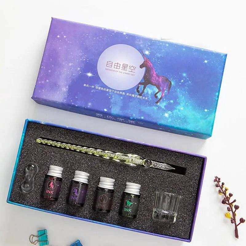 Unicorn Theme Glass Dip Pen and Ink Set Calligraphy Pens Color Teacher Gift Box Set Crystal Glass Pen Holder Writing Tools Office Supplies