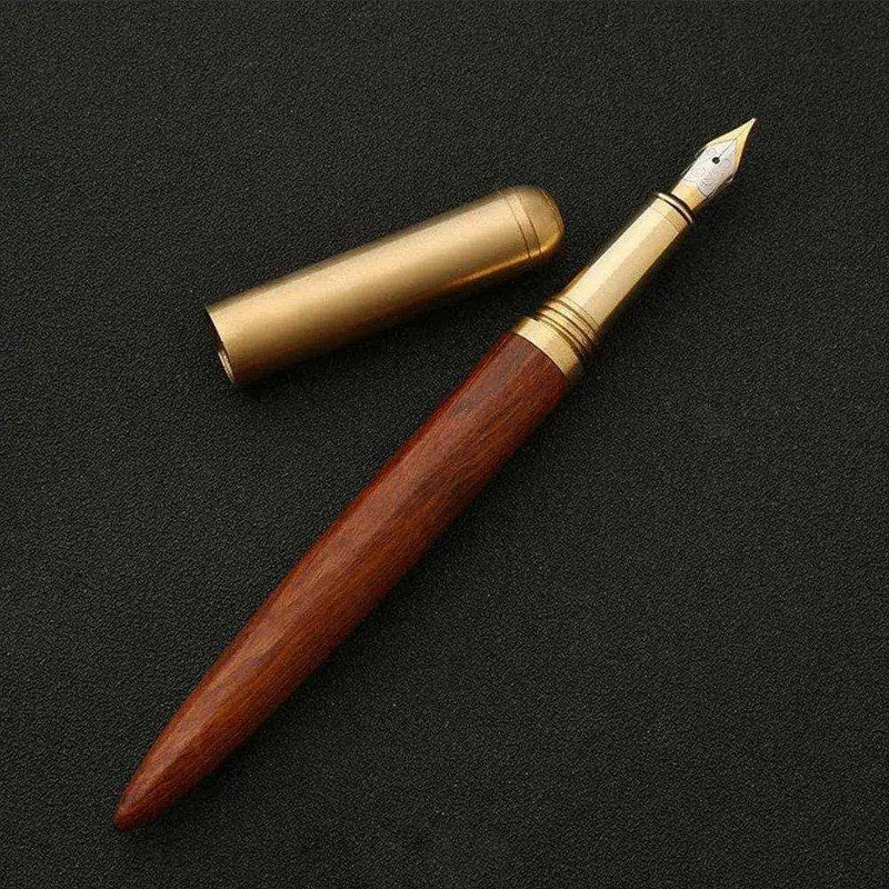 Vintage Fountain Pen rosewood wooden handle and brass body with free leather pen bag gift