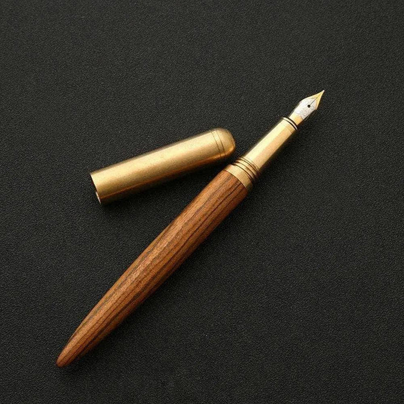 Vintage Fountain Pen rosewood wooden handle and brass body with free leather pen bag gift