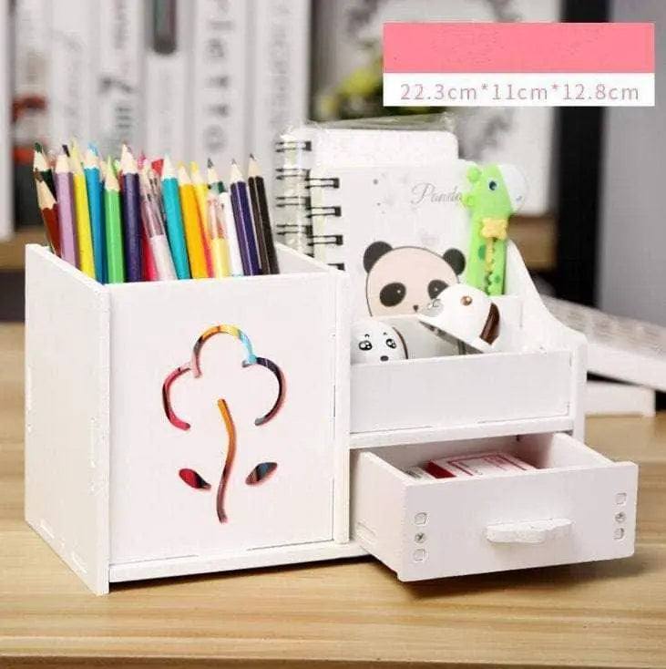 Wood desktop organizer with drawers cute pen holder
