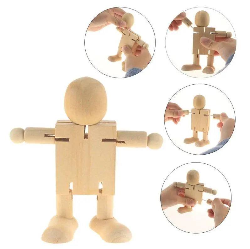 Wooden Doll Wooden Toy Doll Robot Figurine Toys for Kids Children, Montessori Toy Unpainted Robot